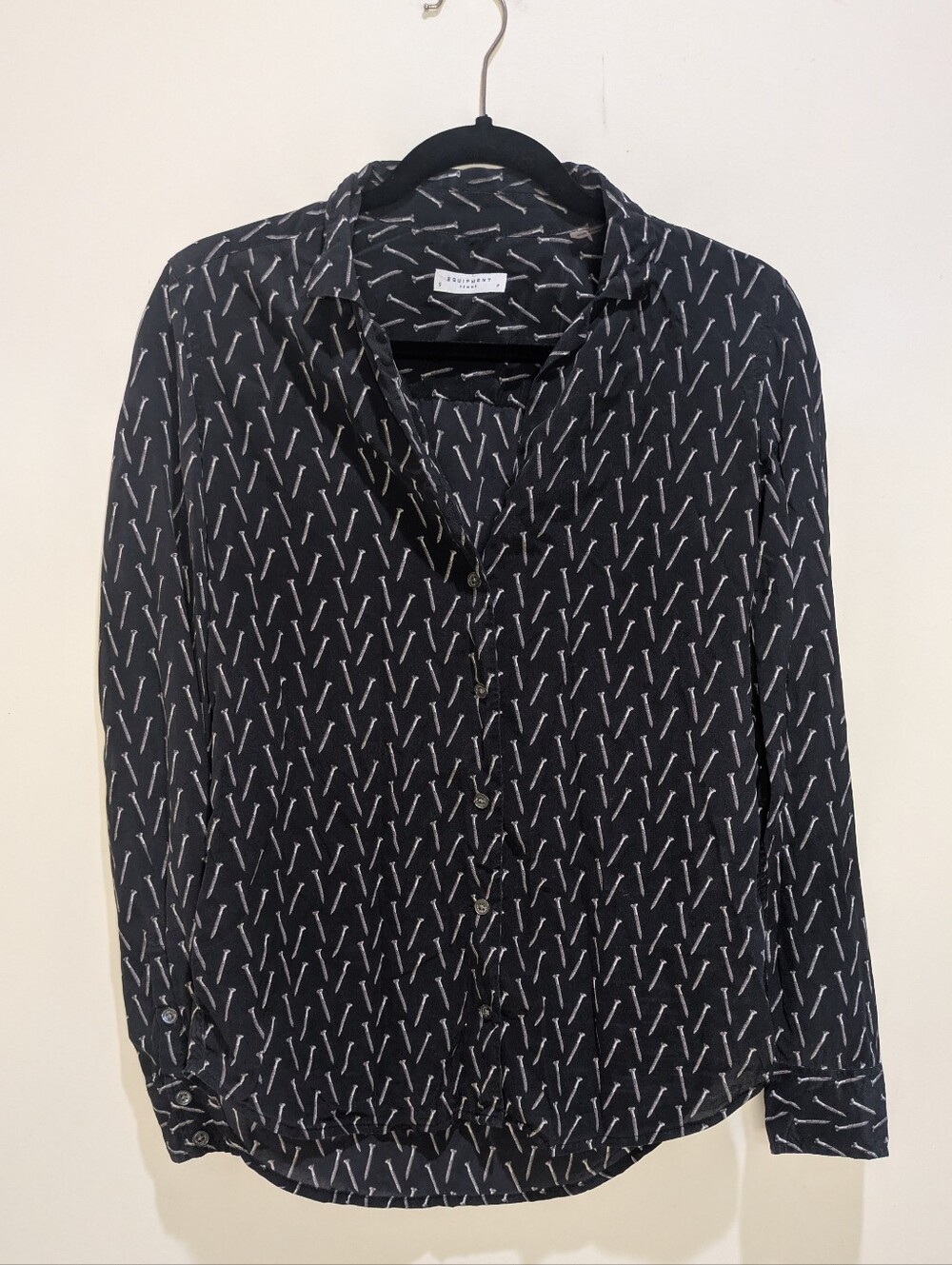 Equipment Essential Silk Button Down Shirt Blouse Black Nail Screw Print Size S